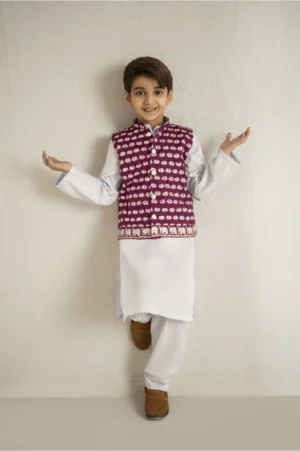 Blue Elephant Kurta with Purple Waistcoat Set