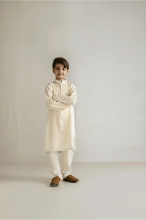 Off-White Embroidered Net Kurta Set