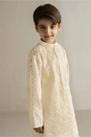 Off-White Embroidered Net Kurta Set