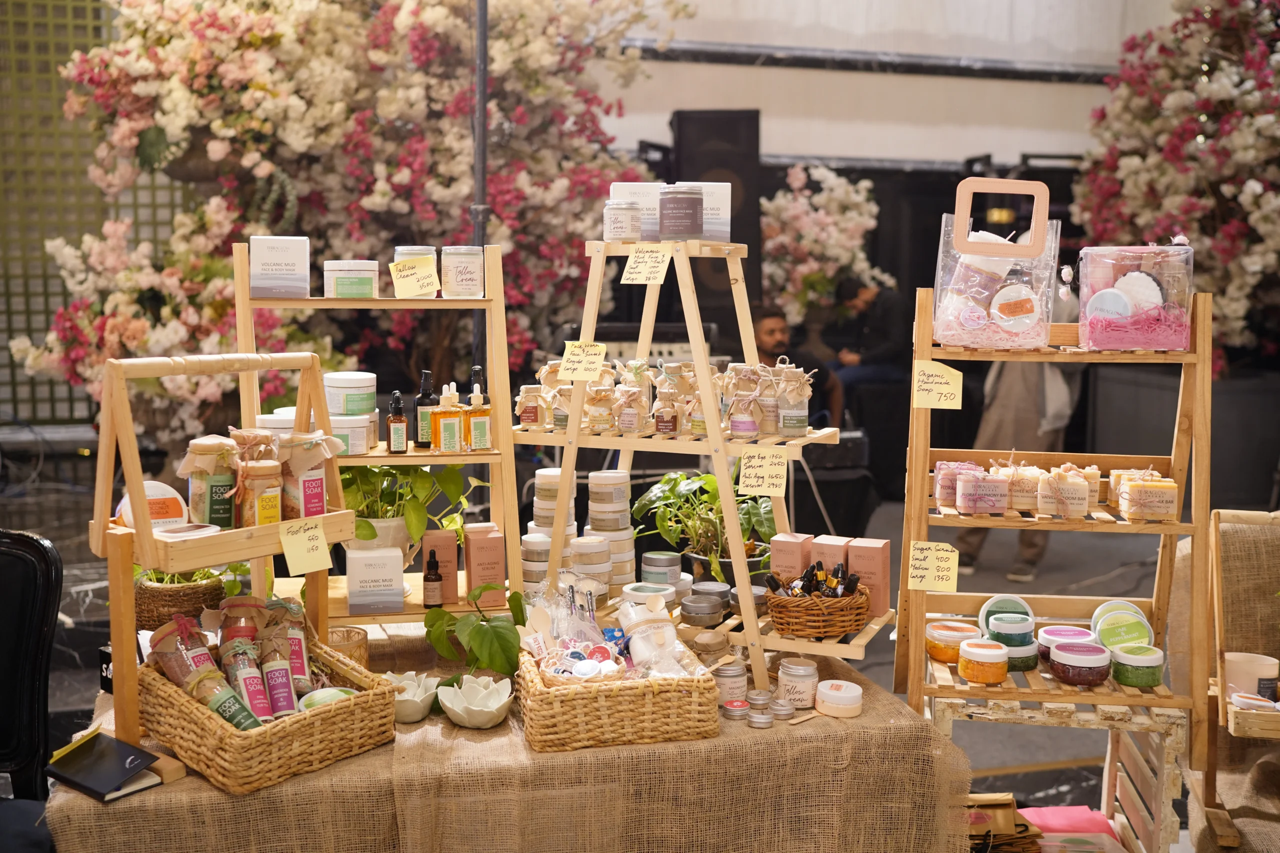 Display of skincare, soaps, and accessories