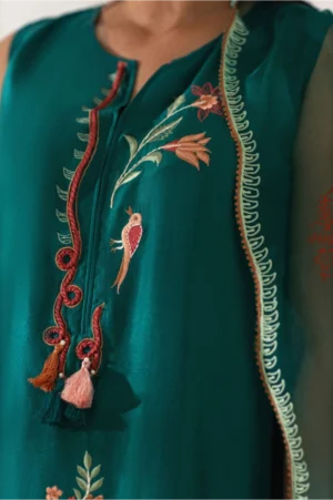 Emerald Green Silk Embroidered Tunic Set