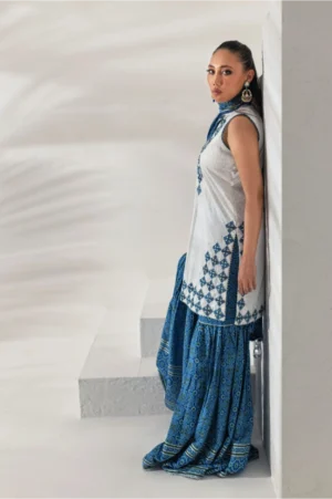 Azure Blue Embroidered Kurti with Printed Gharara