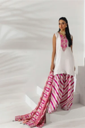Pearl White Kurta with Fuchsia Striped Shalwar