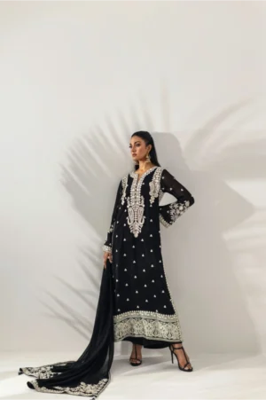 Midnight Black Silver Embroidered Chiffon Suit