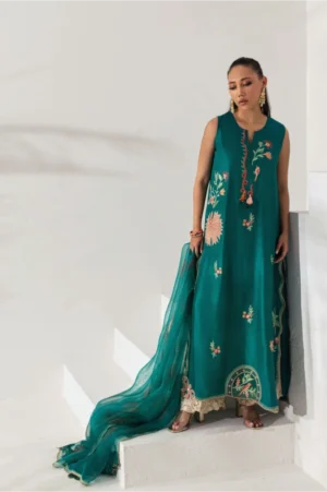 Emerald Green Silk Embroidered Tunic Set
