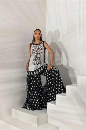 Monochrome Embroidered Tunic with Flared Palazzos