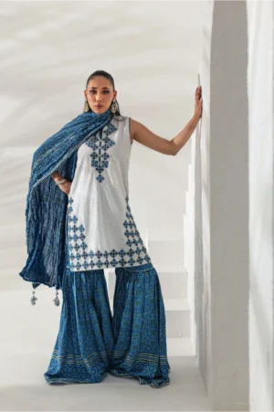 Azure Blue Embroidered Kurti with Printed Gharara