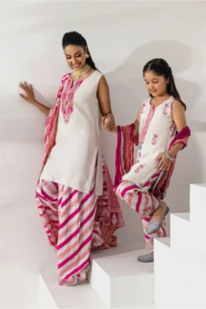Pearl White Kurta with Fuchsia Striped Shalwar