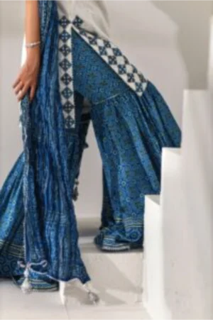 Azure Blue Embroidered Kurti with Printed Gharara