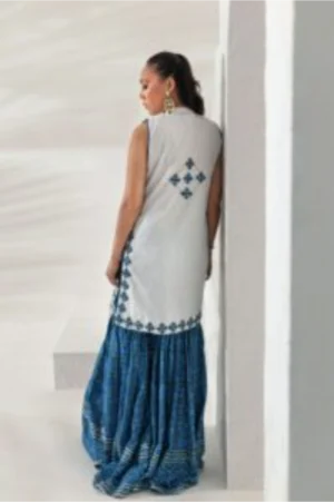 Azure Blue Embroidered Kurti with Printed Gharara