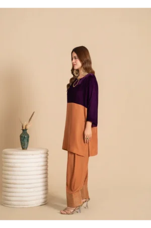 Gold Color Block Velvet Dress