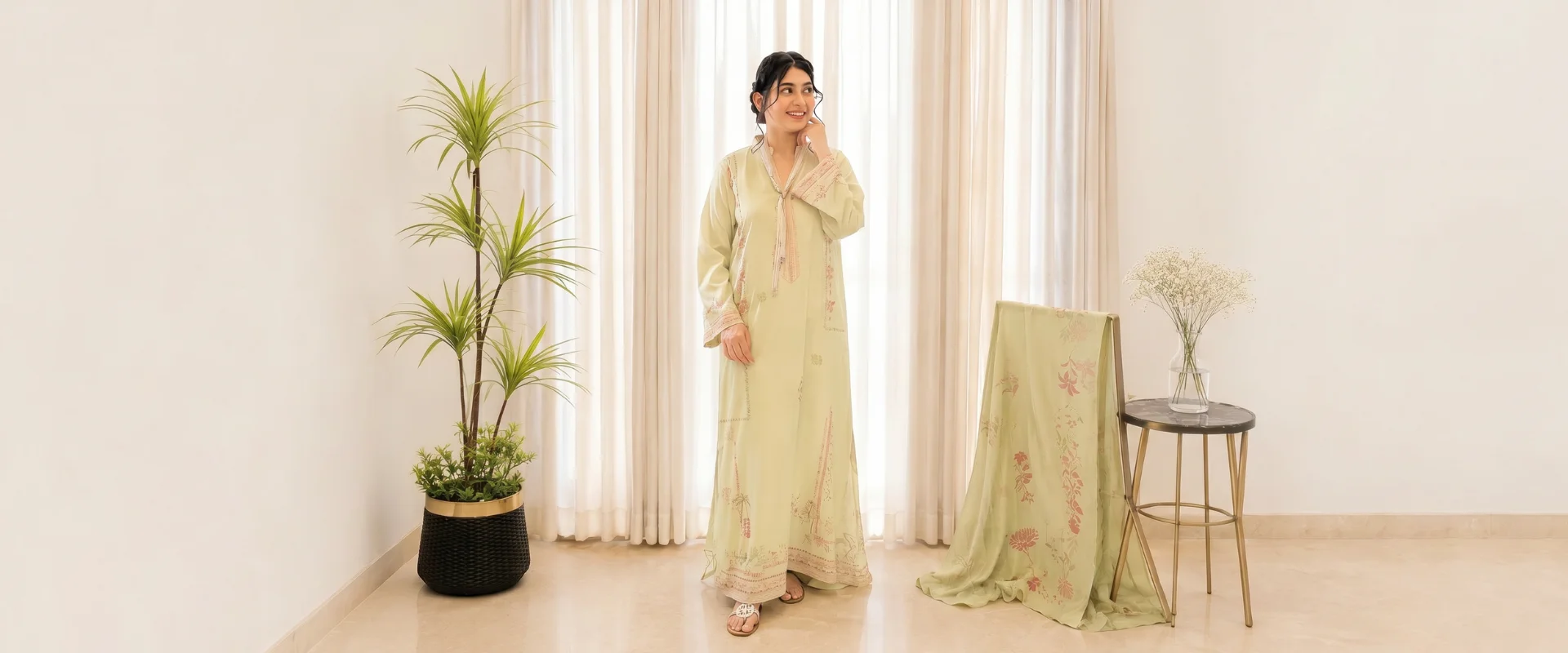 Model in a pistachio-green hand-embroidered Bushra Shakeel pret kameez with matching floral-printed dupatta, styled in a soft sunlit interior