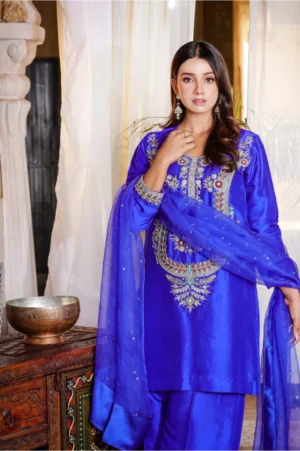 3-Piece 80 Gram Pure Raw Silk (Blue-Short)