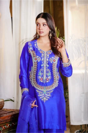 3-Piece 80 Gram Pure Raw Silk (Blue-Short)