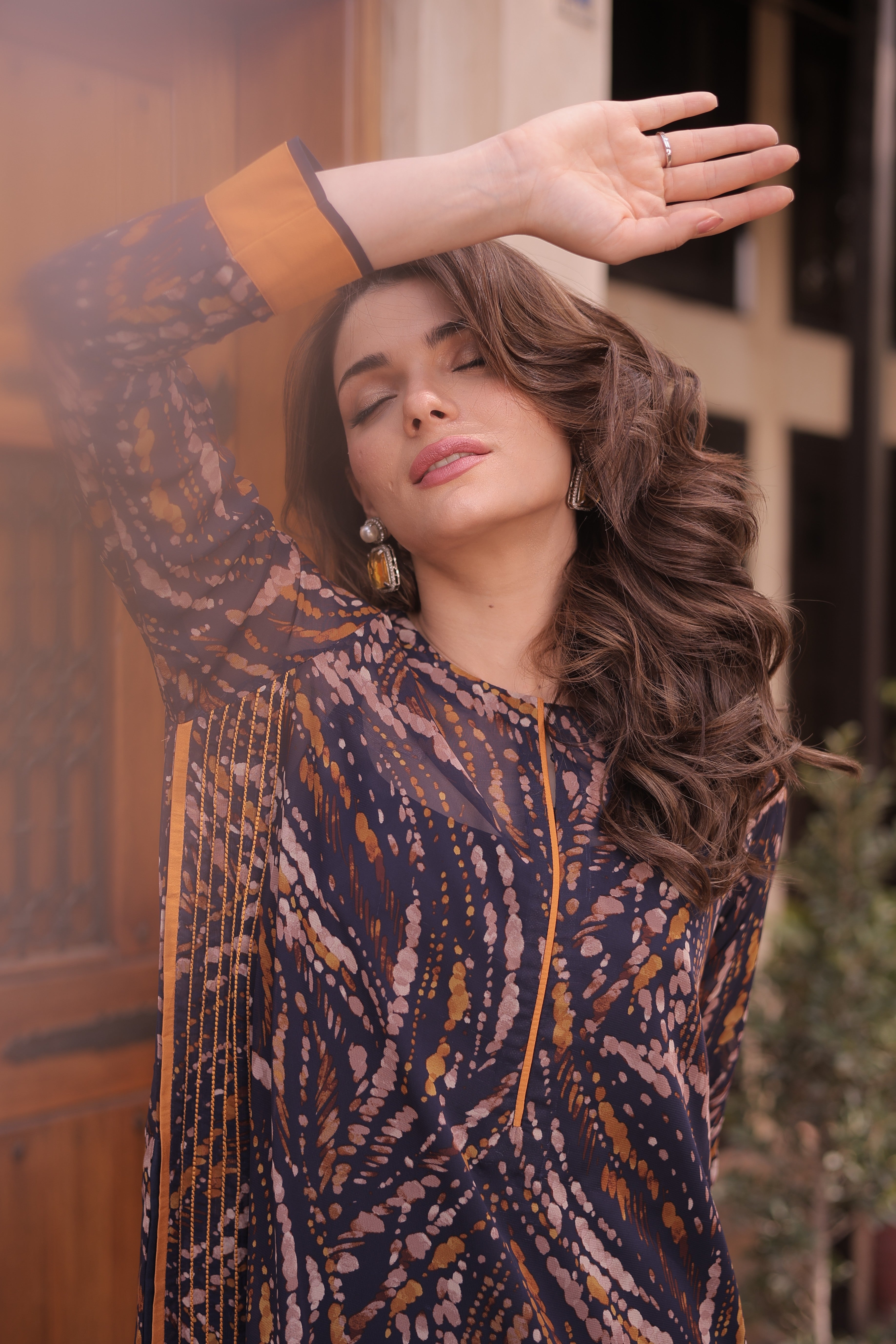 Deep Blue Abstract Printed Long Shirt and Pants - Image 2