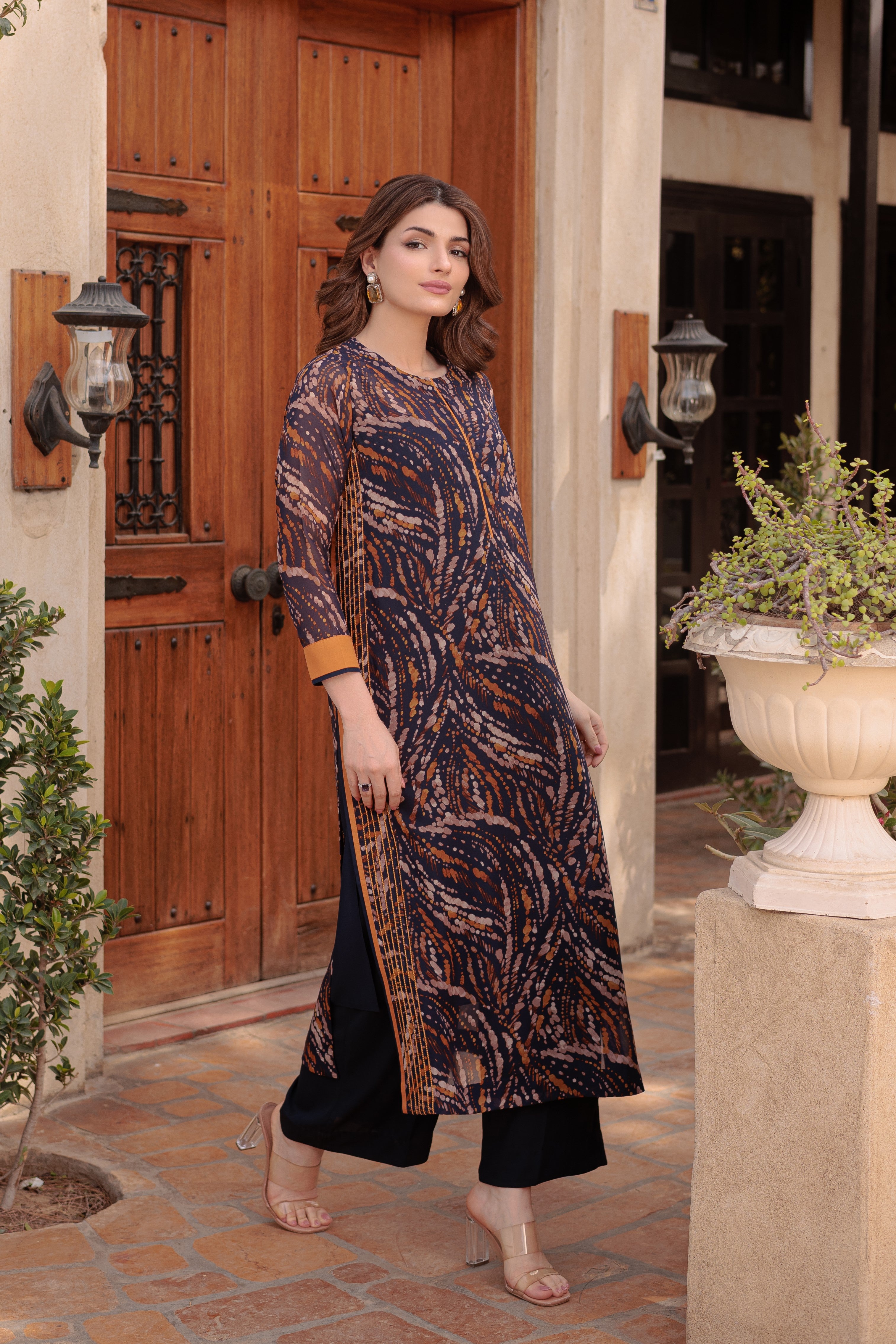Deep Blue Abstract Printed Long Shirt and Pants - Image 3