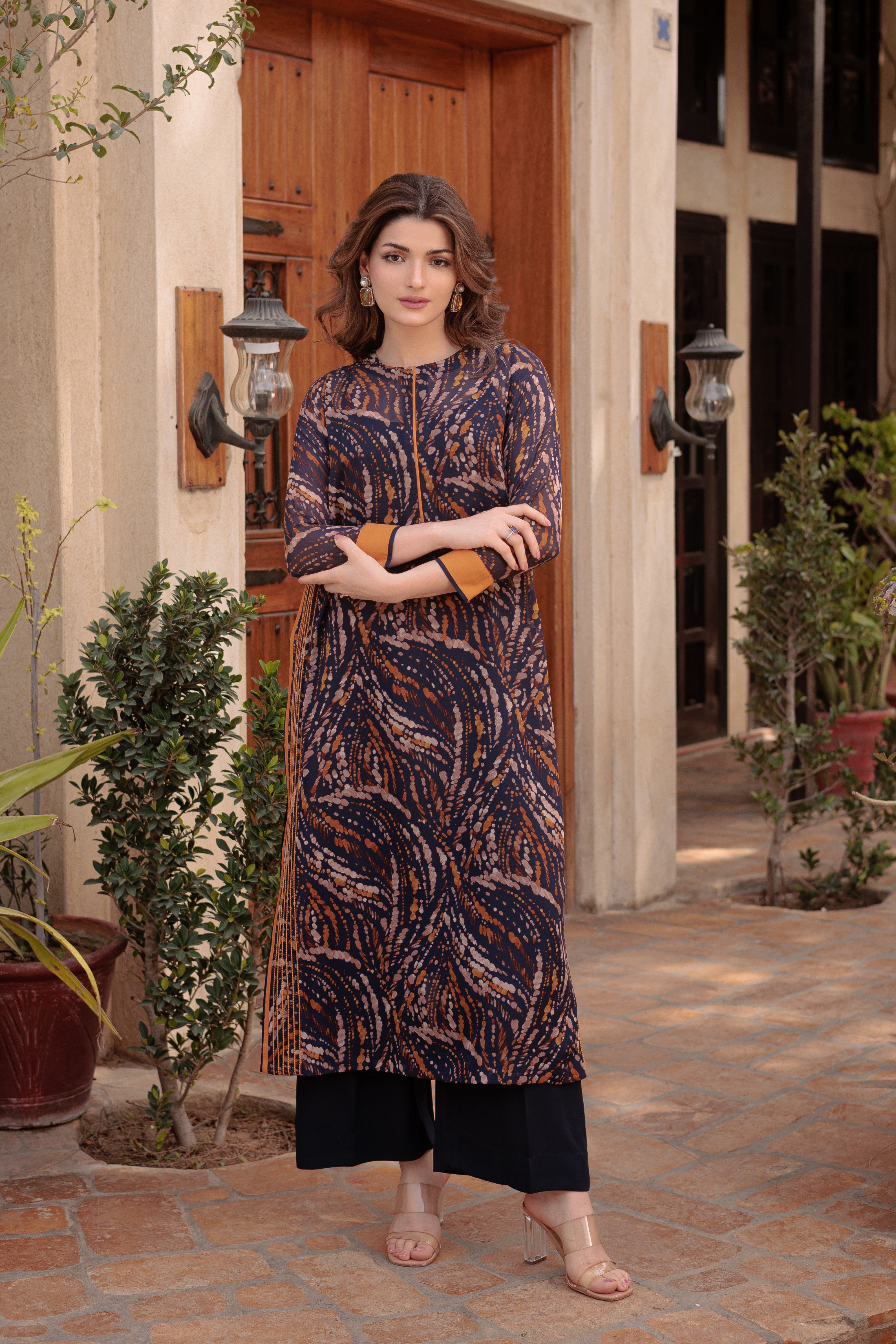 Deep Blue Abstract Printed Long Shirt and Pants - Image 6