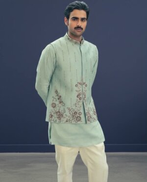 Mint Green Embroidered Kurta Pajama with Waistcoat