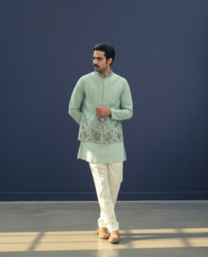 Mint Green Embroidered Kurta Pajama with Waistcoat