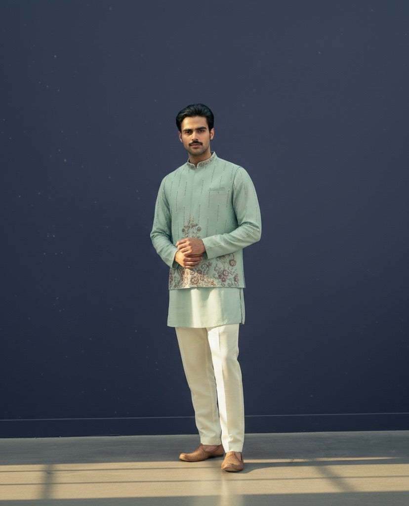 Mint Green Embroidered Kurta Pajama with Waistcoat - Image 3