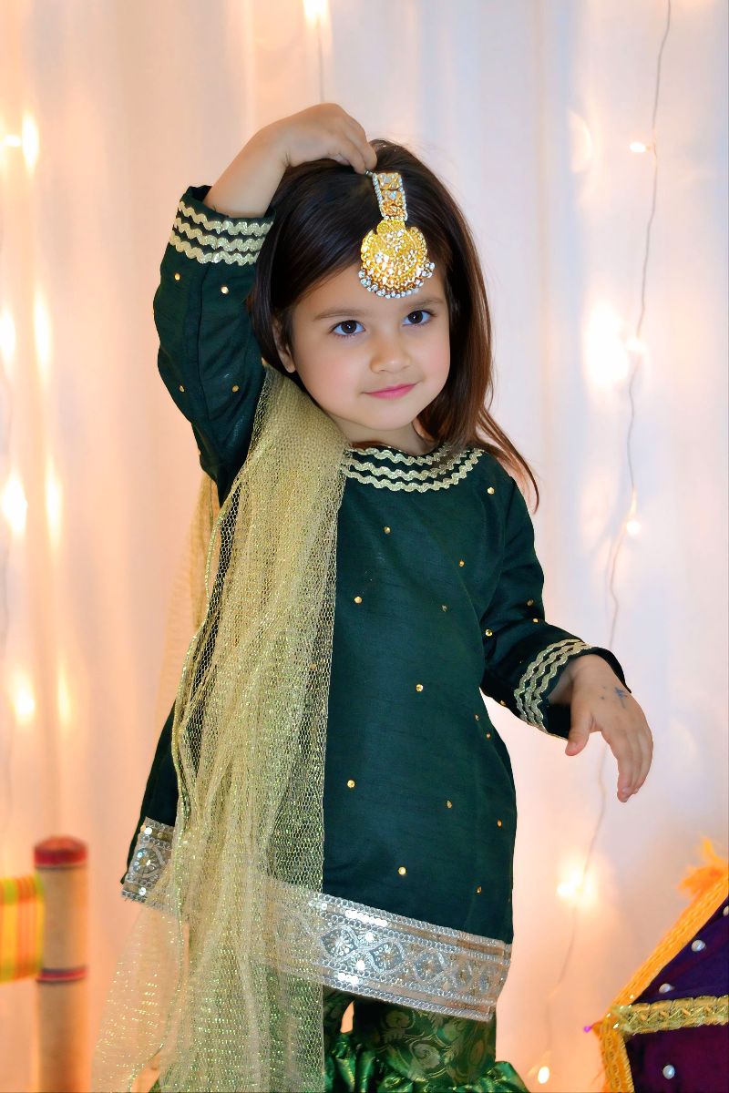 Mom4Little - Bottle Green Lehenga Set - Silk & Janawar with net - 3 Piece - Image 2