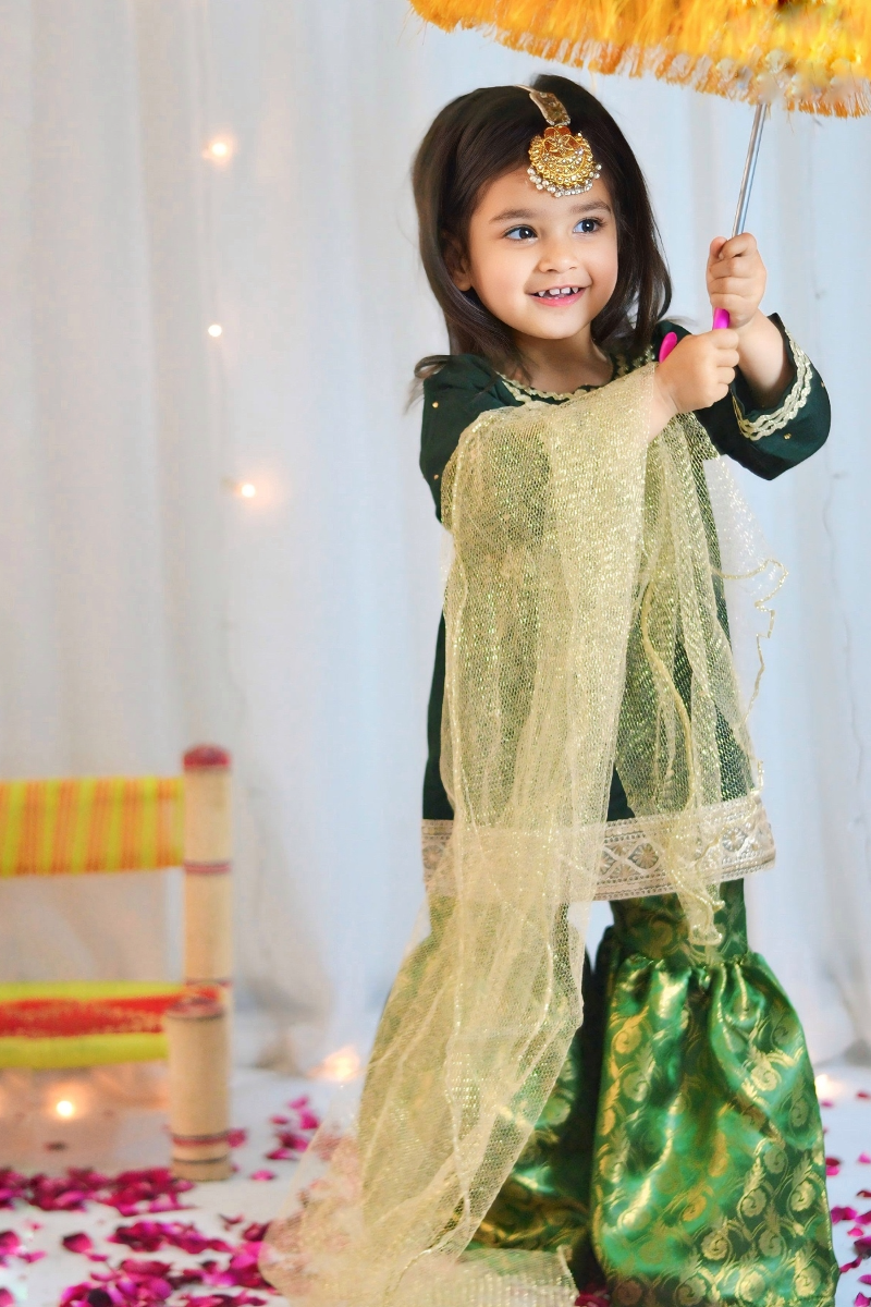 Mom4Little - Bottle Green Lehenga Set - Silk & Janawar with net - 3 Piece - Image 3