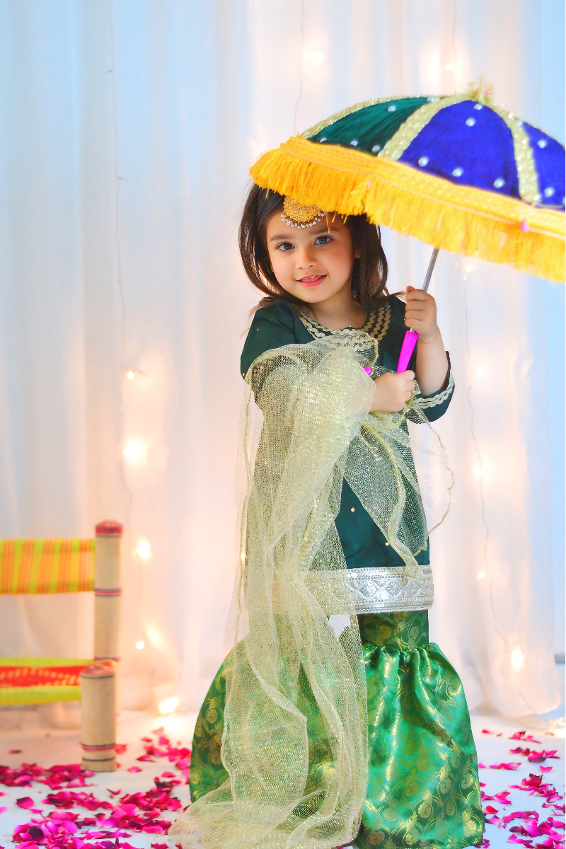 Mom4Little - Bottle Green Lehenga Set - Silk & Janawar with net - 3 Piece - Image 5