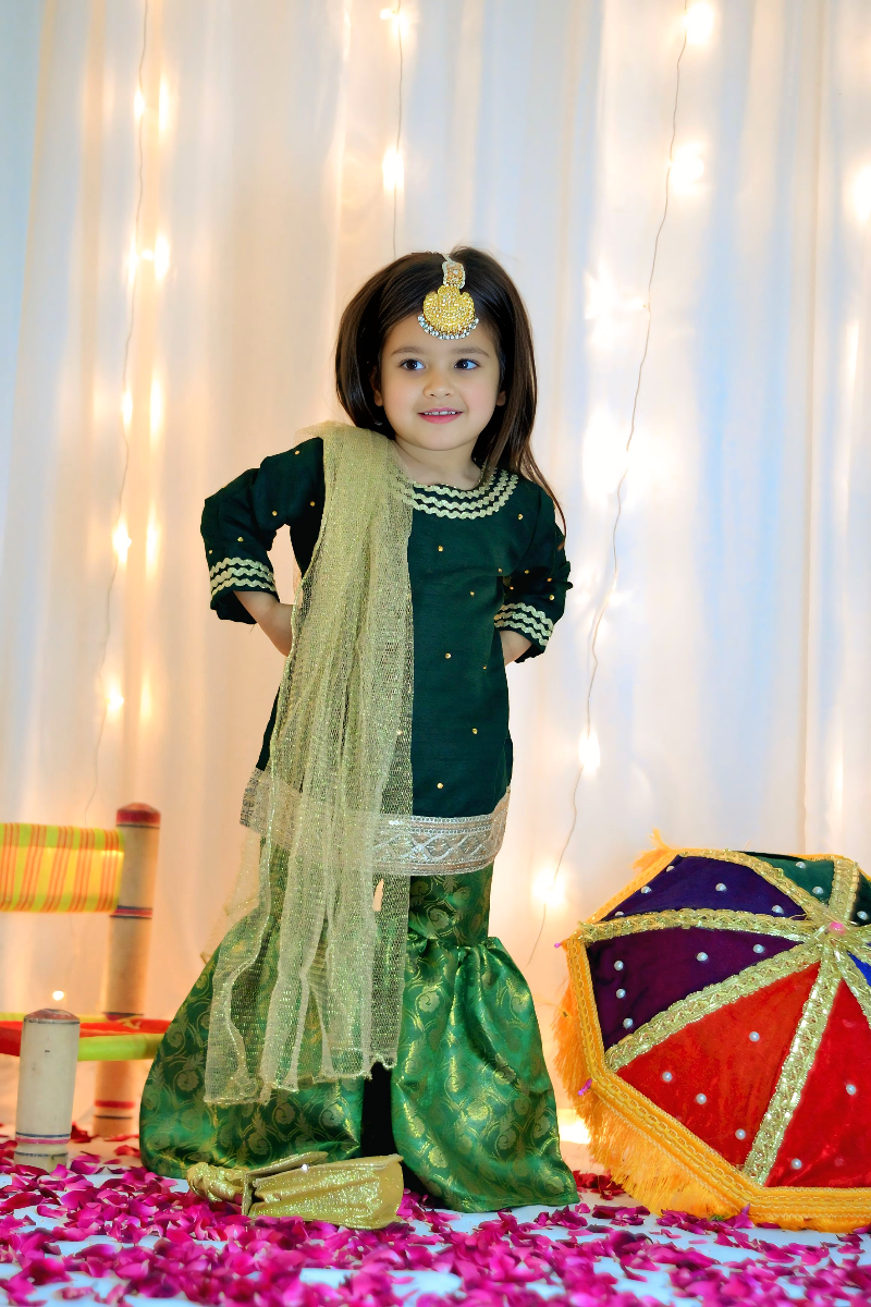 Mom4Little - Bottle Green Lehenga Set - Silk & Janawar with net - 3 Piece - Image 7