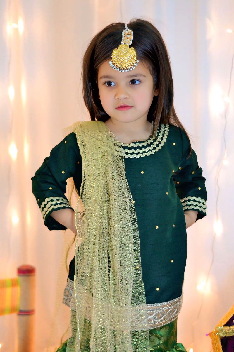 Mom4Little - Bottle Green Lehenga Set - Silk & Janawar with net - 3 Piece - Image 8