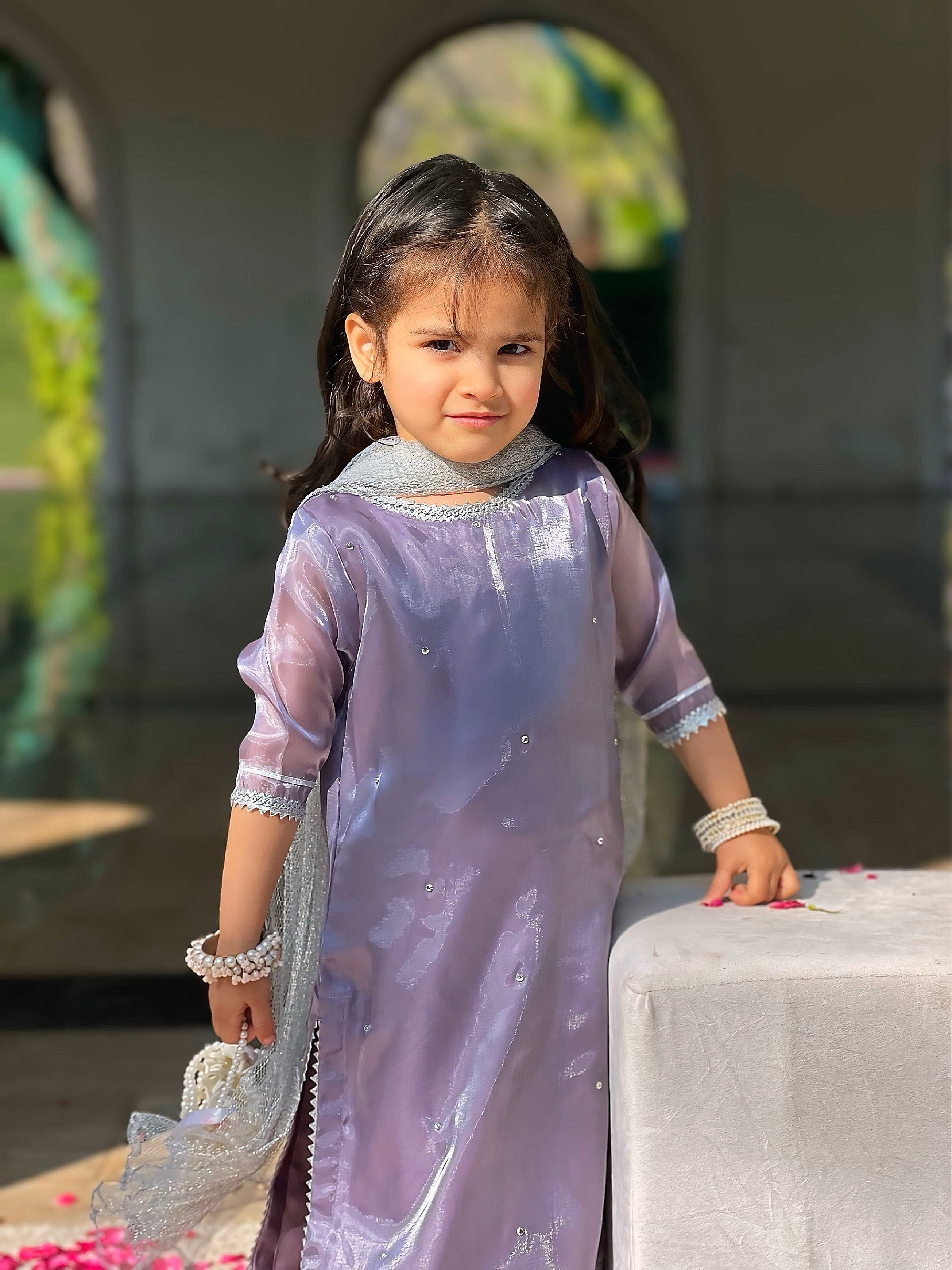 Mom4Little - Lavendar Lava Silk and Net Suit For Girl - 3 Piece - Image 2