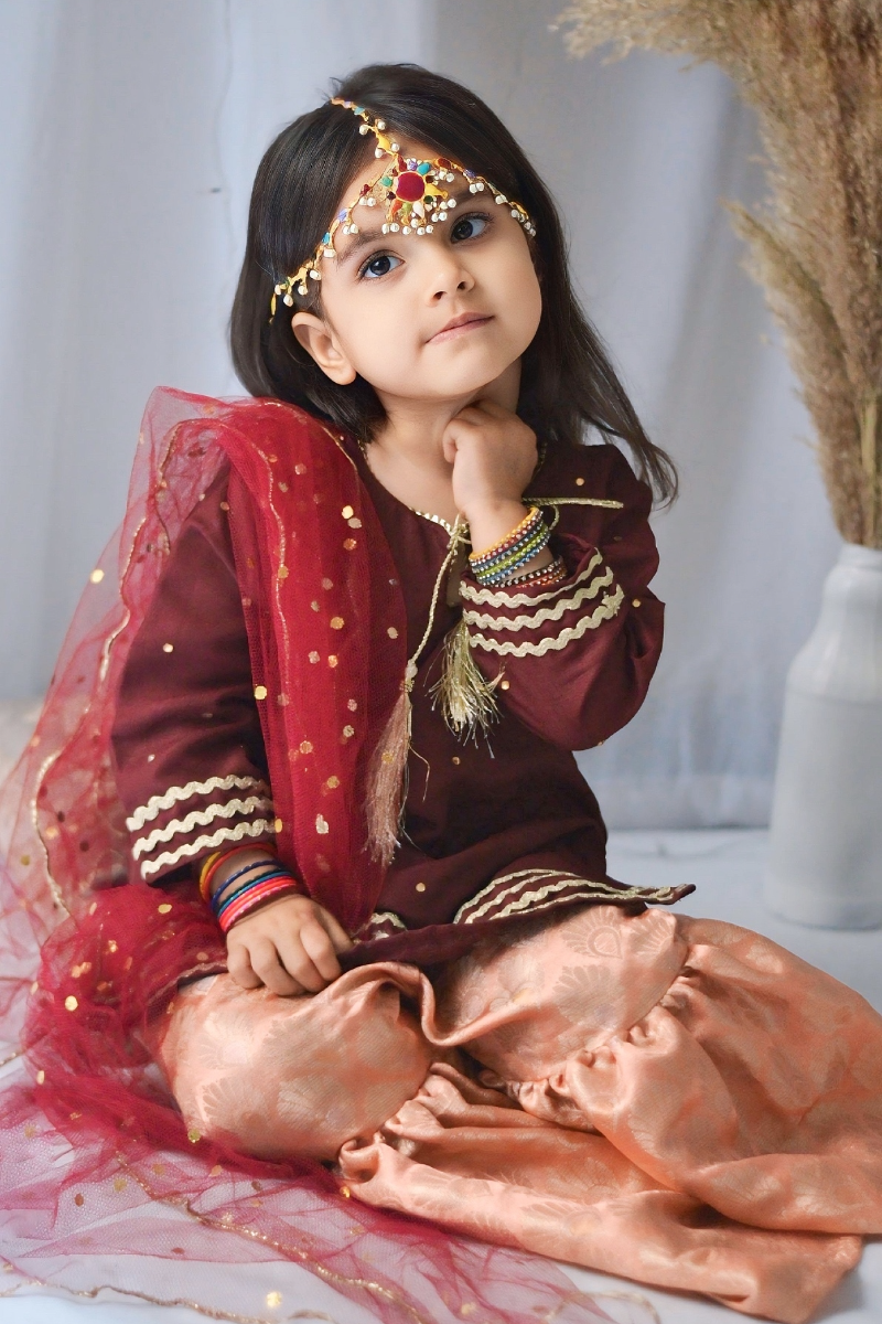Mom4Little - Maroon Gharara Set - Silk & Janawar with net - 3 Piece - Image 2