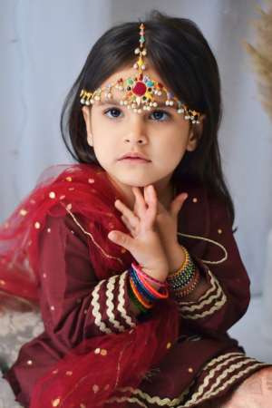 Mom4Little - Maroon Gharara Set - Silk & Janawar with net - 3 Piece