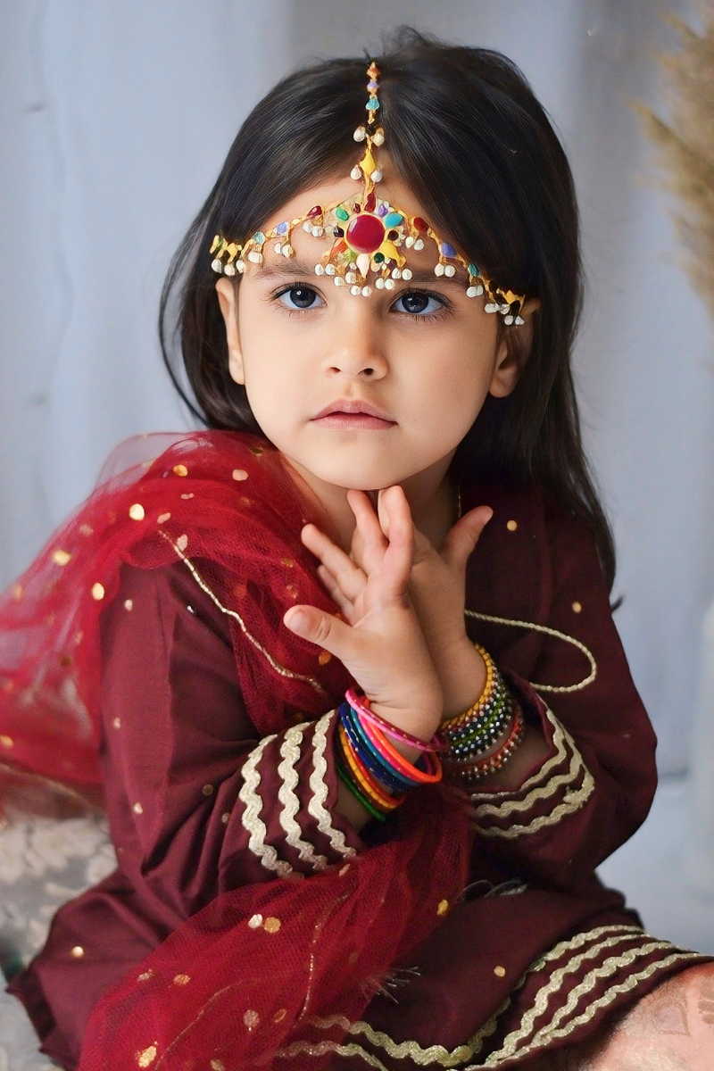 Mom4Little - Maroon Gharara Set - Silk & Janawar with net - 3 Piece - Image 3