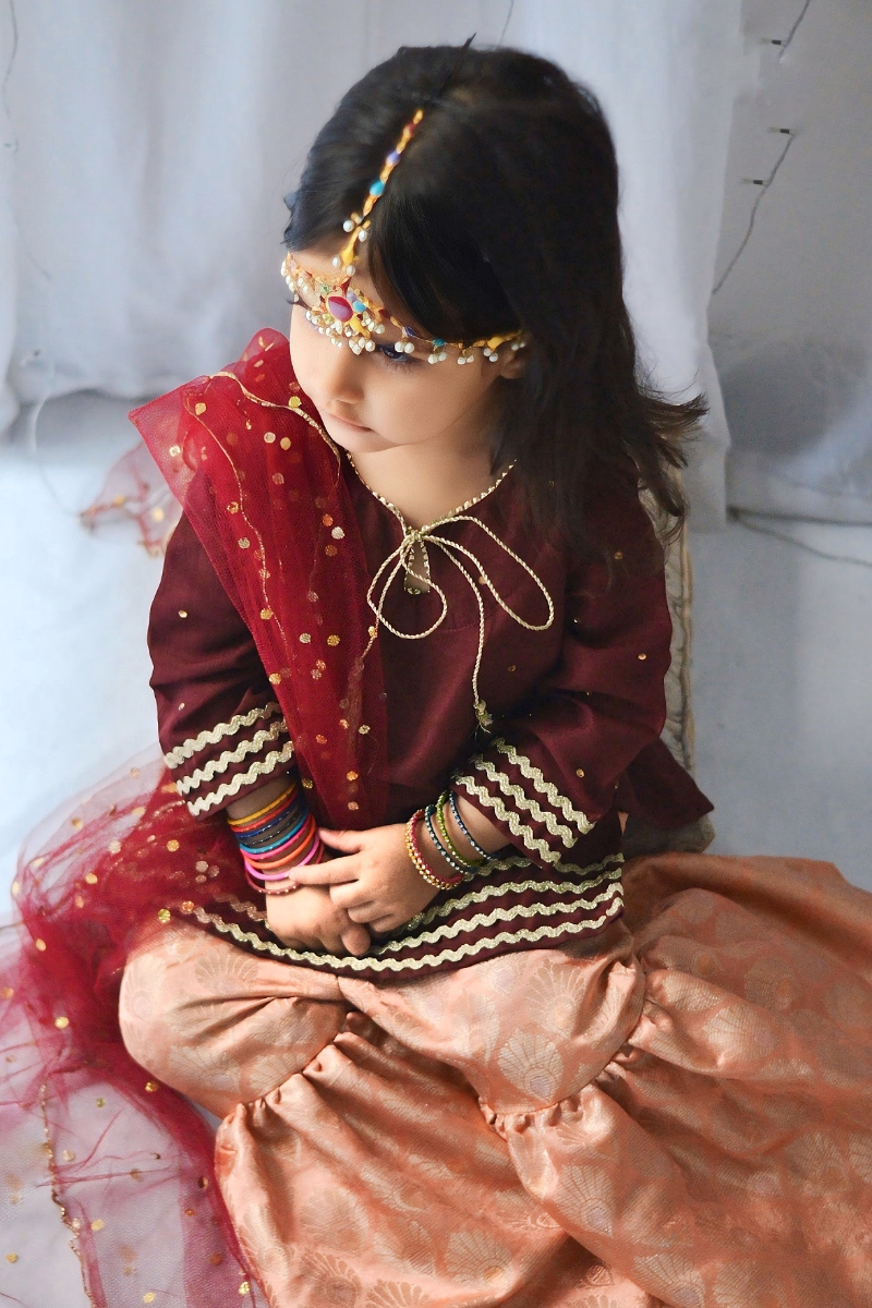 Mom4Little - Maroon Gharara Set - Silk & Janawar with net - 3 Piece - Image 7