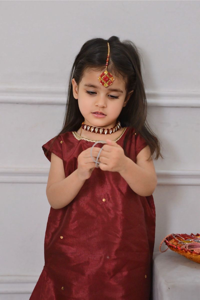 Mom4little - Maroon Katan Farshi shalwar set - 2 Piece - Image 3