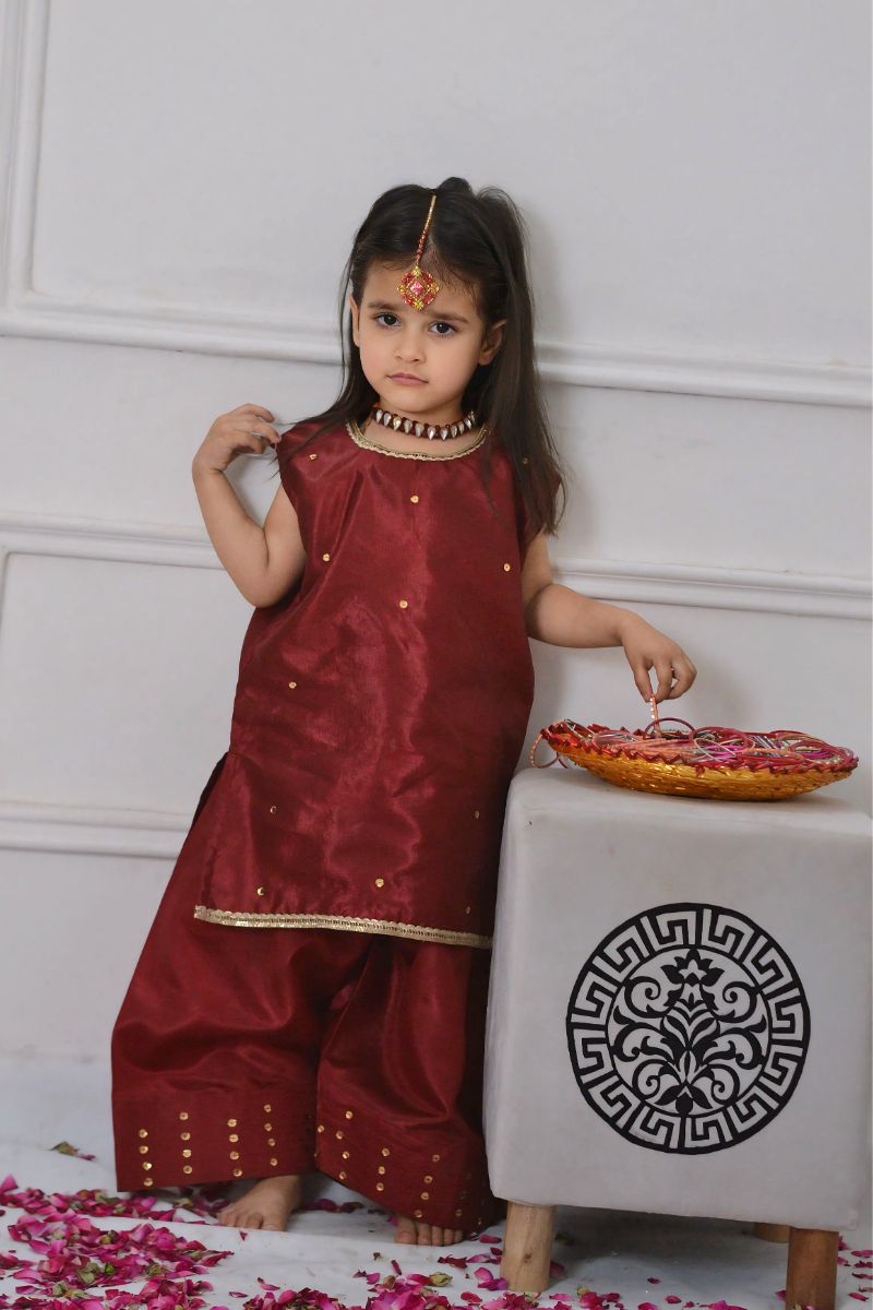 Mom4little - Maroon Katan Farshi shalwar set - 2 Piece - Image 4