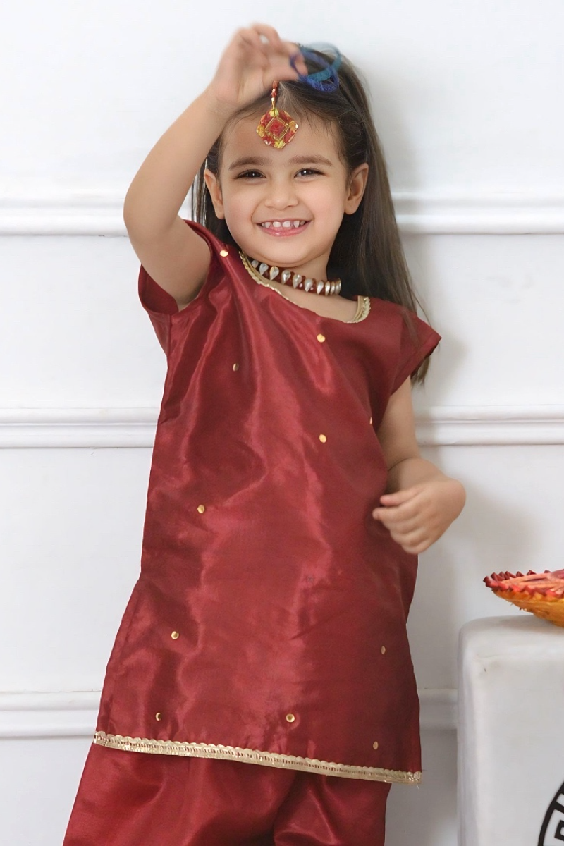 Mom4little - Maroon Katan Farshi shalwar set - 2 Piece - Image 5