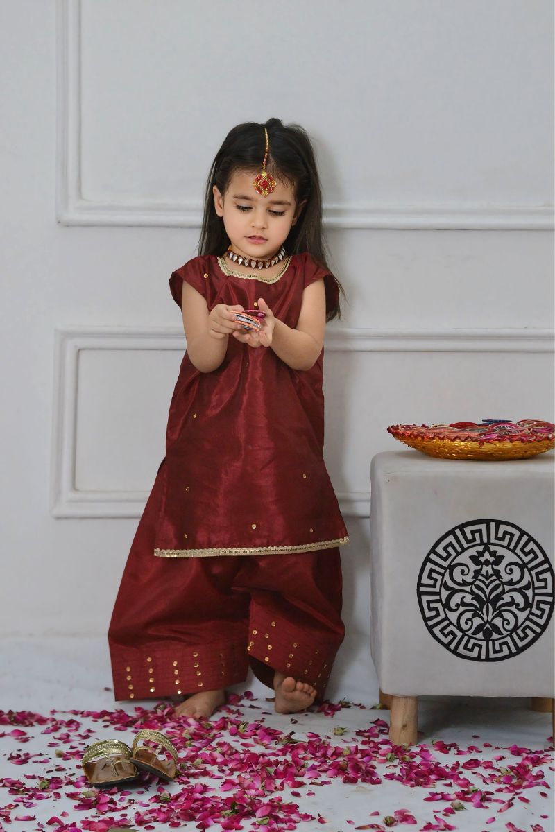 Mom4little - Maroon Katan Farshi shalwar set - 2 Piece - Image 6