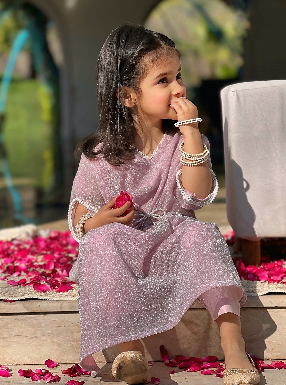 Mom4Little - Moonlight Bow Style Kaftan For Girl - Raw Silk - Pink Shimmer - 3 Piece - Image 2
