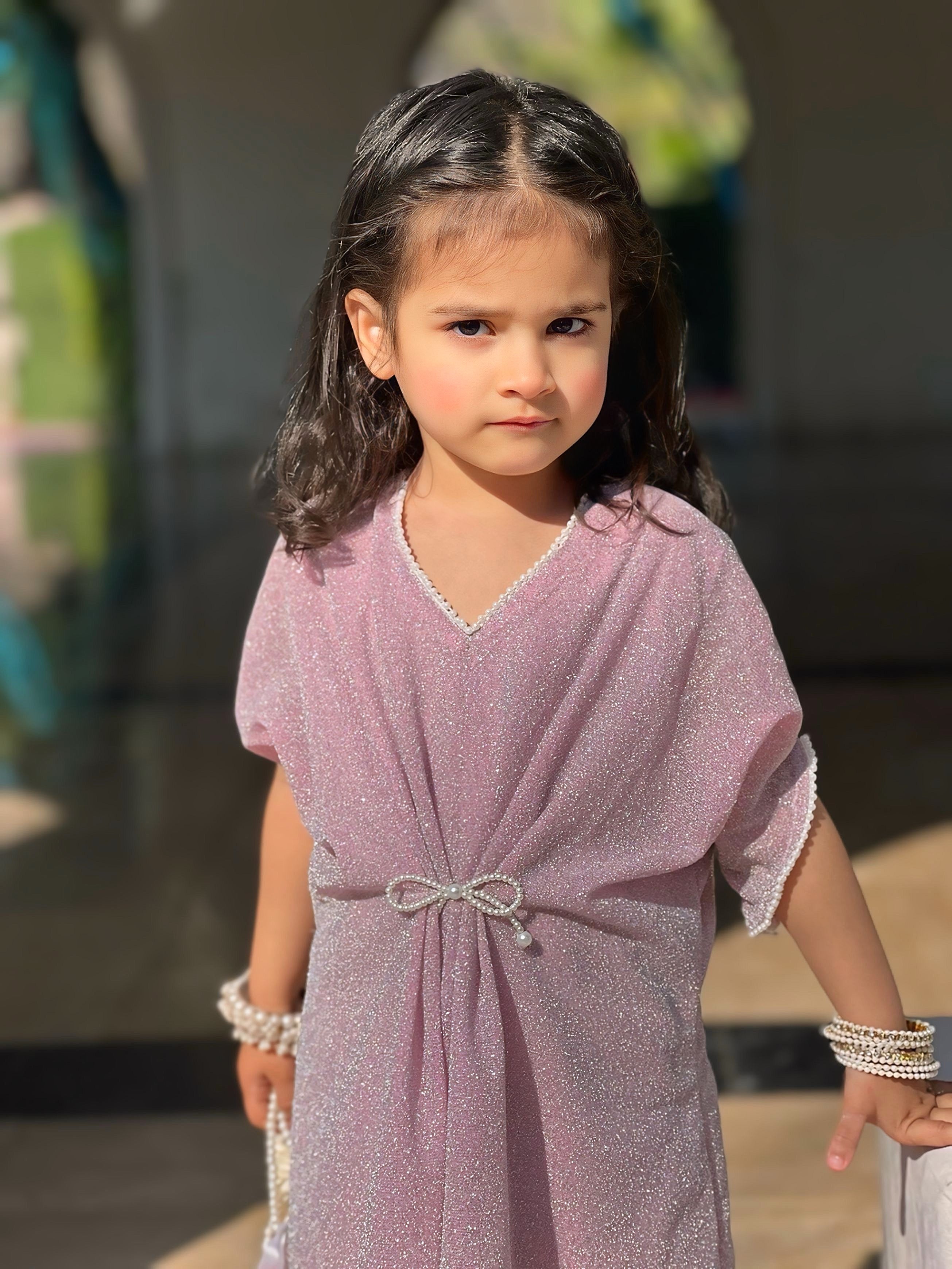 Mom4Little - Moonlight Bow Style Kaftan For Girl - Raw Silk - Pink Shimmer - 3 Piece - Image 4