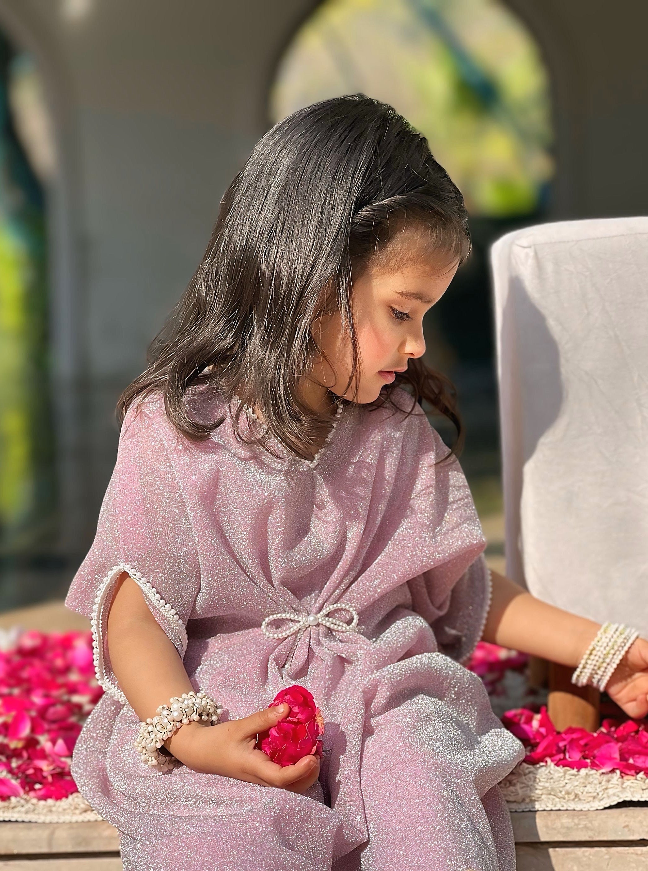 Mom4Little - Moonlight Bow Style Kaftan For Girl - Raw Silk - Pink Shimmer - 3 Piece - Image 5