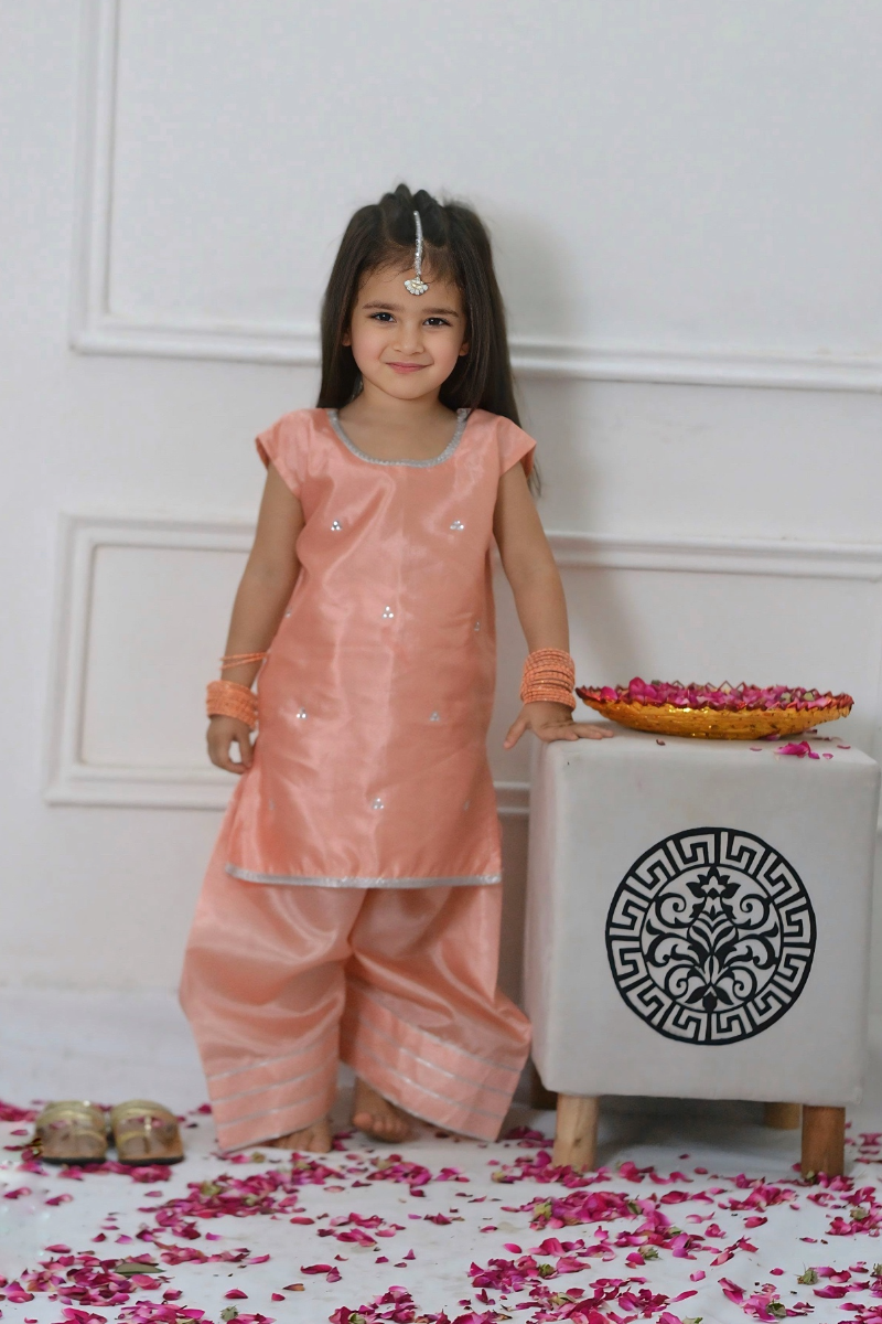 Mom4little - Peach Katan Farshi shalwar set - 2 Piece - Image 3