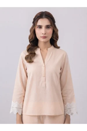 Elegant Pastel Peach Co-Ord Set with Crochet Lace Detailing - Rtd