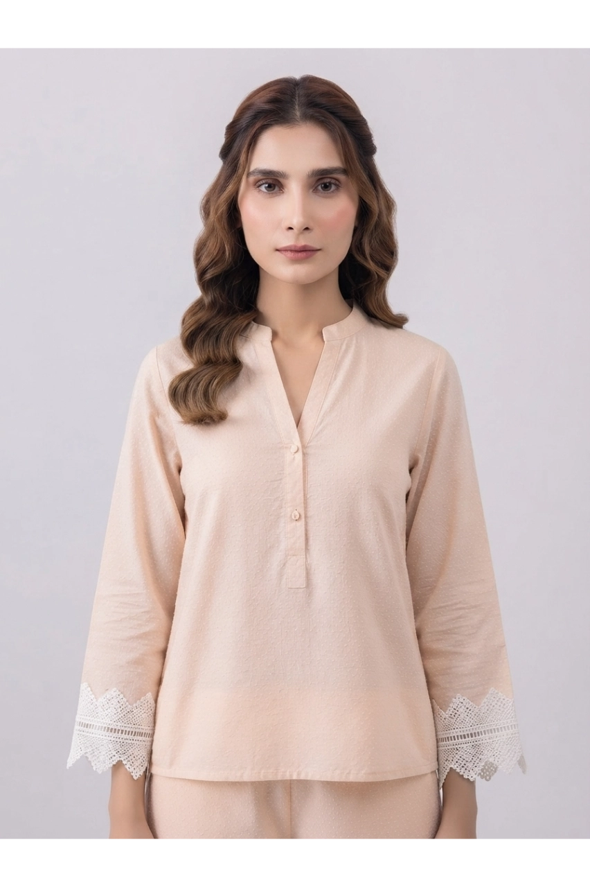 Elegant Pastel Peach Co-Ord Set with Crochet Lace Detailing - Rtd - Image 3