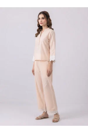 Elegant Pastel Peach Co-Ord Set with Crochet Lace Detailing - Rtd