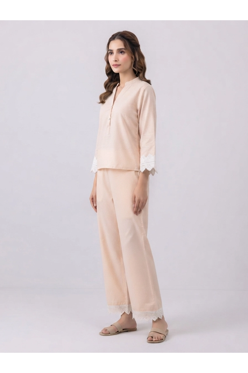 Elegant Pastel Peach Co-Ord Set with Crochet Lace Detailing - Rtd - Image 2
