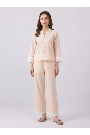 Elegant Pastel Peach Co-Ord Set with Crochet Lace Detailing - Rtd