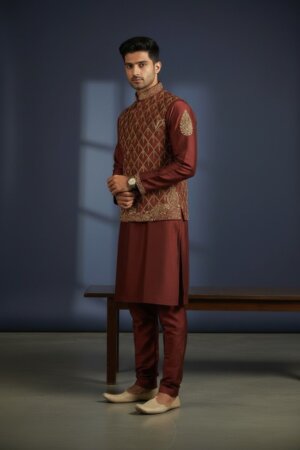 Rust Hand Embroidered Kurta Pajama with Waistcoat