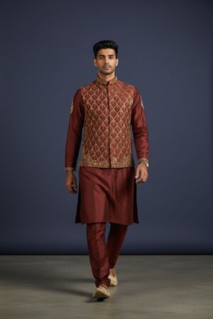 Rust Hand Embroidered Kurta Pajama with Waistcoat