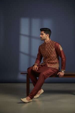 Rust Hand Embroidered Kurta Pajama with Waistcoat